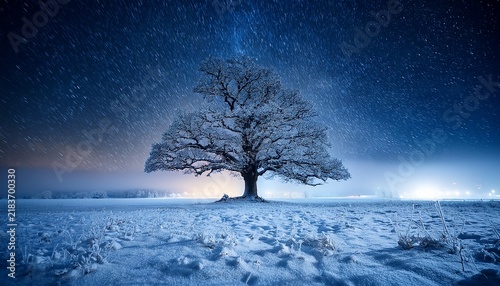 solitary oak in snowy night