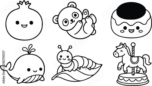 Cute kawaii animal and object vector set featuring black and white line art illustrations for kids coloring book page designs