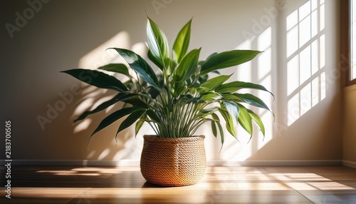 stylish indoor plant in a woven basket highlighting natural light