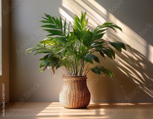 stylish indoor plant in a woven basket bathed in sunlight