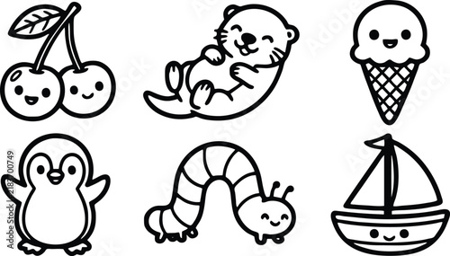 Cute kawaii vector graphic collection featuring simple black and white line art illustrations of animals and food items for kids