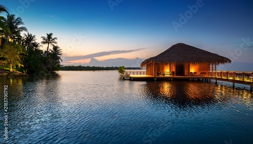 tropical bungalow on a serene lake at dusk
