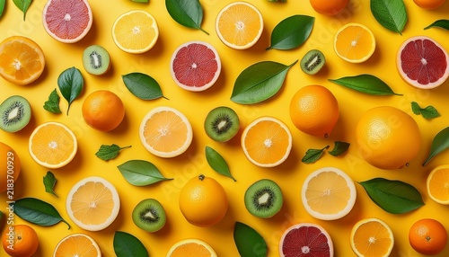 vibrant yellow background with repeating pattern of fresh fruits and green leaves