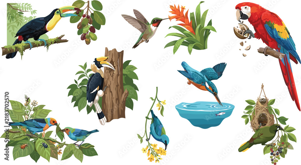 Fototapeta premium Exotic tropical birds feeding behaviors set featuring toucan eating fruit hummingbird drinking nectar macaw cracking nuts and kingfisher diving vector illustration