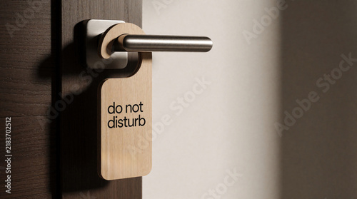 Wooden door hanger with do not disturb text hangs on modern metal door handle. Minimalist sign on dark wooden door inside home or hotel room.