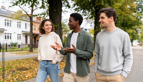 Diverse young friends walking and talking on a suburban street in autumn, group of people socializing and enjoying a walk together for friendship and community lifestyle