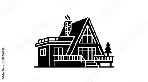 Modern AFrame Cabin with Chimney Smoke and Pine Tree.