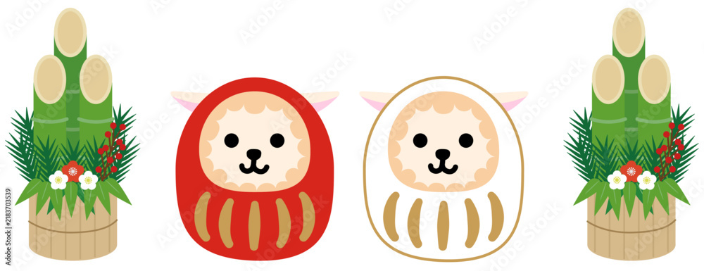 Fototapeta premium シンプルでかわいい紅白の羊だるまと門松のセット