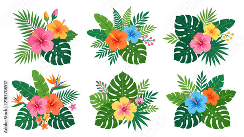 Tropical Flowers and Leaves Arrangements, Isolated Vector Illustrations