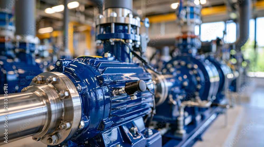 Fototapeta premium Photorealistic close up of a sophisticated data center cooling pump with a vibration sensor attached to the motor housing, bright clean server room, structured piping network and cooling equipment s