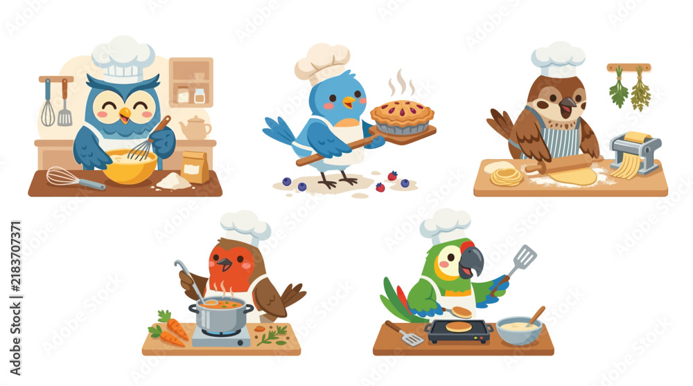 Fototapeta premium Cute Cartoon Birds as Chefs Cooking and Baking Delicious Food