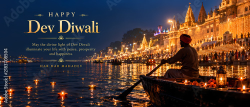Dev Diwali greeting design showing illuminated Varanasi ghats along the Ganges at night, with rows of glowing diyas on the water, ornate riverside architecture and a silhouetted boatman in a boat