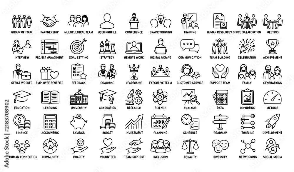 Obraz premium People Human Figures and Social Interaction Line Icons Editable Stroke Vector Set