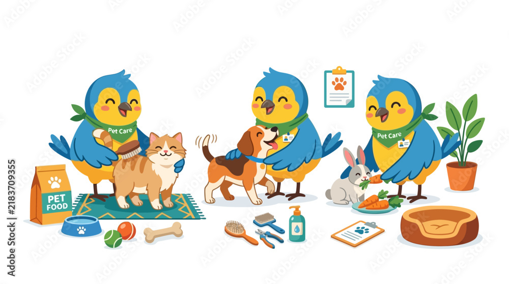 Fototapeta premium Cute birds grooming pets: cat, dog, rabbit. Pet care illustration
