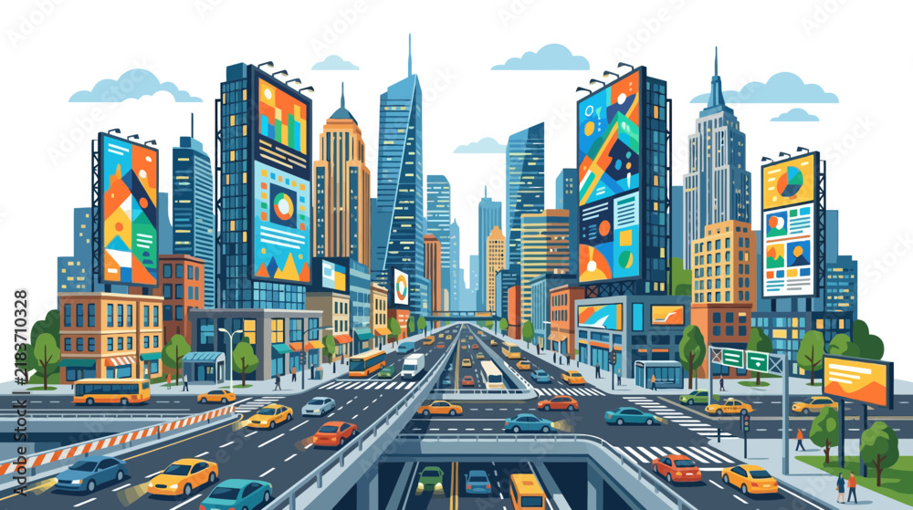 Obraz premium Cityscape with Skyscrapers, Billboards and Traffic, Urban Landscape Illustration