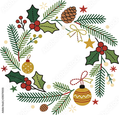 Elegant Christmas Botanical Wreath with Pine Branches, Holly, Berries and Ornaments