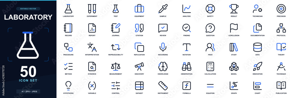 Fototapeta premium Laboratory icon set with experiment, science, research, test, equipment, sample and analysis; editable outline vector symbols for science, research and laboratory study.