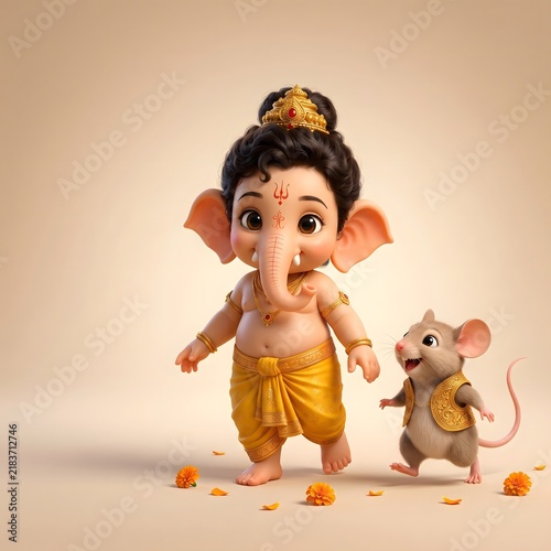 Adorable 3D animated baby Lord Ganesha walking joyfully with his mouse companion Mushika for Ganesh Chaturthi celebrations, featuring traditional yellow attire and orange marigold flowers.