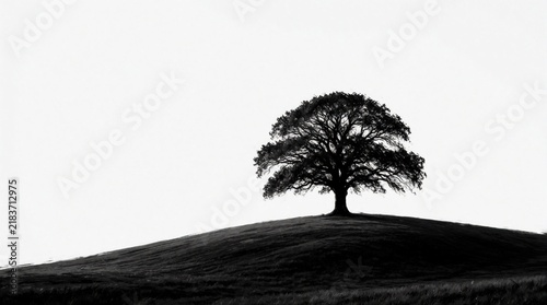 Single tree stands on a grassy slope under a vast sky. Its branches spread wide creating a silhouette. The image has a painterly, monochrome style suggesting peace and simplicity.
