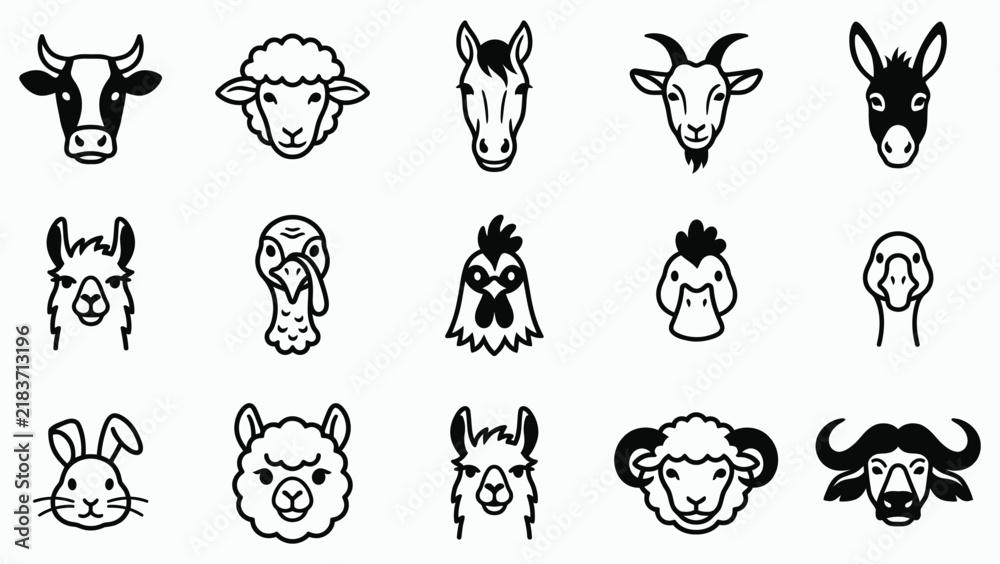 Fototapeta premium A comprehensive vector illustration set featuring various farm animal heads in a simple black and white line style