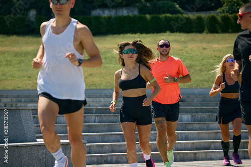 Fotografie Runners maintaining steady pace during social outdoor fitness training