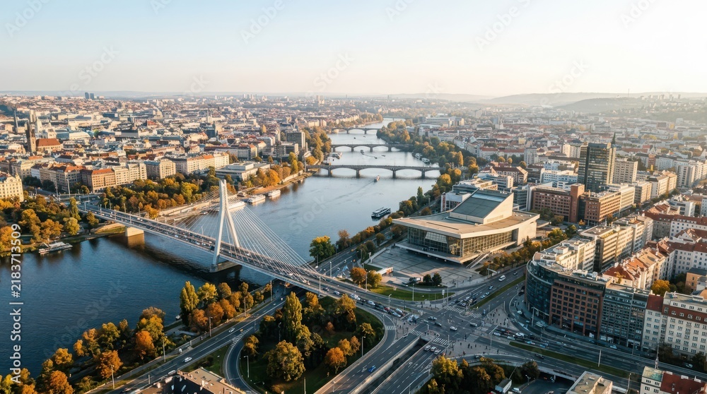 Obraz premium Modern European City Skyline With River And Bridges