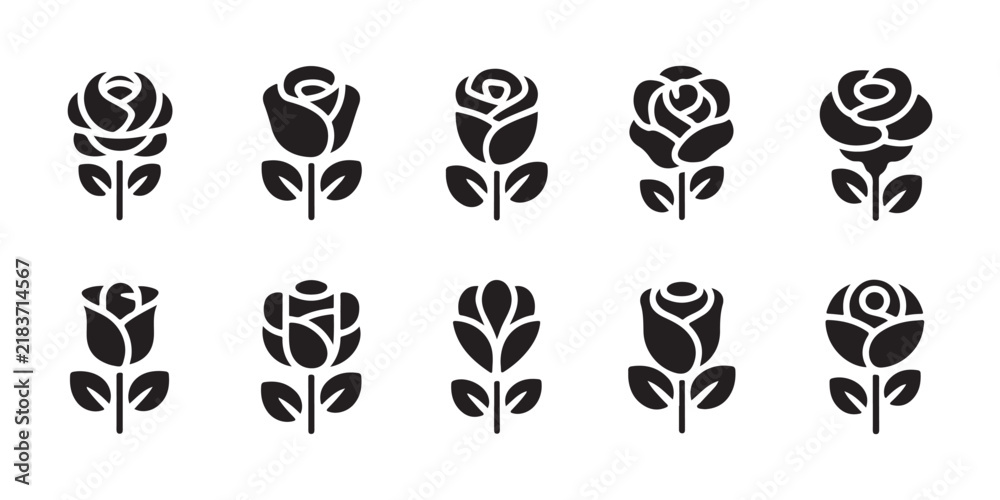 Obraz premium Collection of black rose silhouettes in various styles for design.