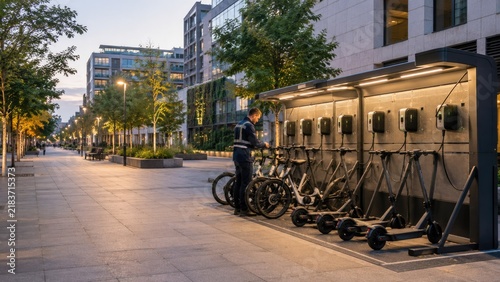 Electric Scooter Charging Station in Modern Urban Plaza