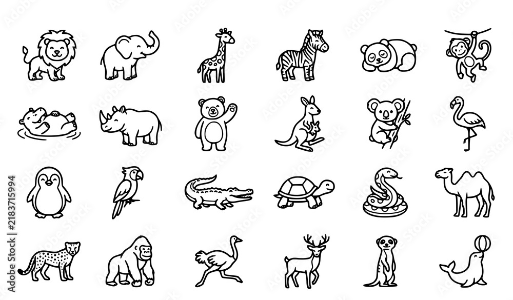 Obraz premium Friendly Zoo Animals Black Outline Vector Icon Collection