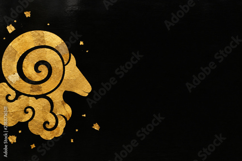 Golden Ram Head on Black Lacquer, Japanese Gold Leaf Illustration with Copy Space