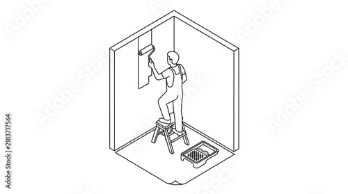 Isometric Line Art Painter Painting Wall with Roller