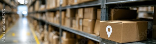 Warehouse aisle with stacked cardboard boxes and location marker for logistics background and inventory management banner