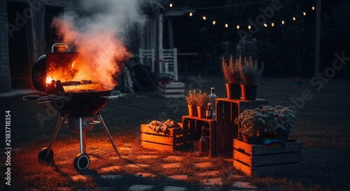 Evening Barbecue Gathering With Twinkling Lights And Fresh Herbs