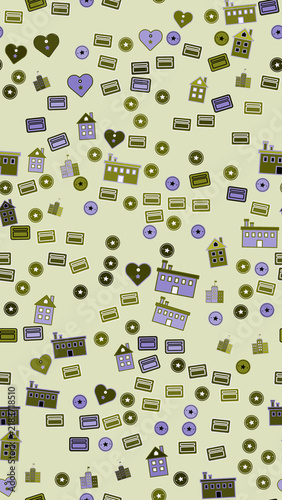 Pattern of houses, buildings, hearts, stars, and cards