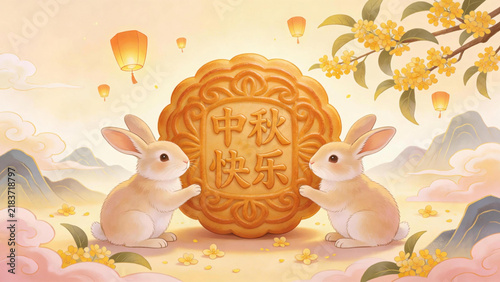 Mid - Autumn Festival scene with rabbits and mooncake