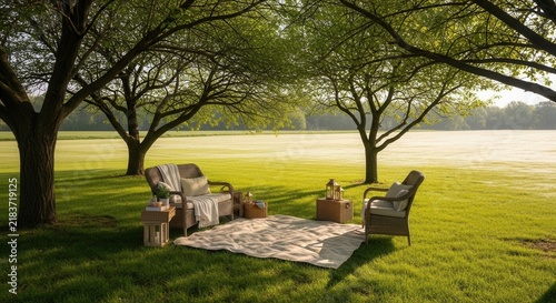 Idyllic Outdoor Seating Arrangement Under Mature Trees In Lush Green Meadow