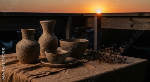 Rustic Ceramic Vessels Set On Table With Sunset Sky Background