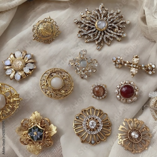 Gold vintage brooch collection on textile