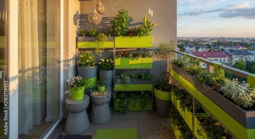 Vibrant Balcony Garden Oasis with Cityscape View Bathed In Golden Hour Light