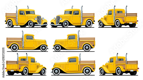 Yellow Vintage Truck Collection: Multiple Angles & Isolated on Transparent