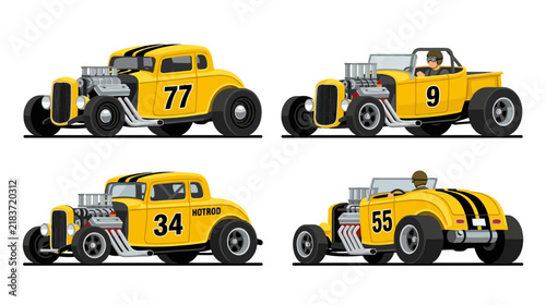 Yellow Hot Rod Cars Set, Vintage American Muscle Vehicles