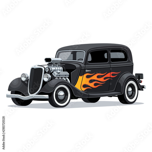 Black Hot Rod Car with Flames, Isolated on Transparent Background