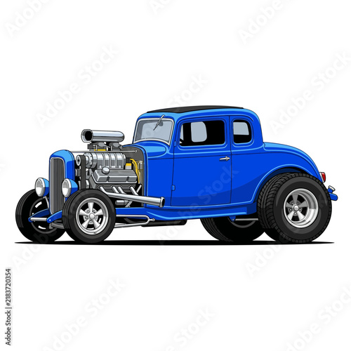 Blue Hot Rod Coupe Isolated: Classic American Muscle Car with Exposed Engine