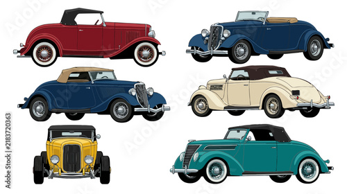 Vintage Convertible Cars: Classic Automobile Collection Isolated