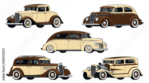 Vintage Cars Collection: Classic Hot Rods and Sedans Isolated