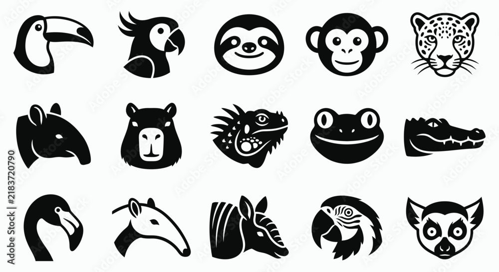 Obraz premium A black and white vector illustration set featuring various wild tropical animal heads for creative design projects