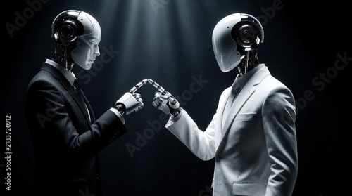 Two humanoid robots in suits touch index fingers. Futuristic androids face off in studio. AI partners or rivals communicate, discuss, connect.