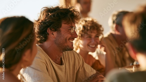 Casual Gathering of People at a Social Event, with an Amused Man in the Center Surrounded by Friends