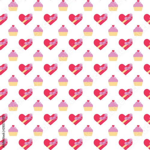 Valentine Seamless Pattern With Hearts, Cupcakes and Gift Boxes in Pink and Red Romantic Background