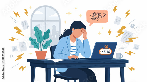 Stressed woman overwhelmed with work, deadlines, and pressure at office desk